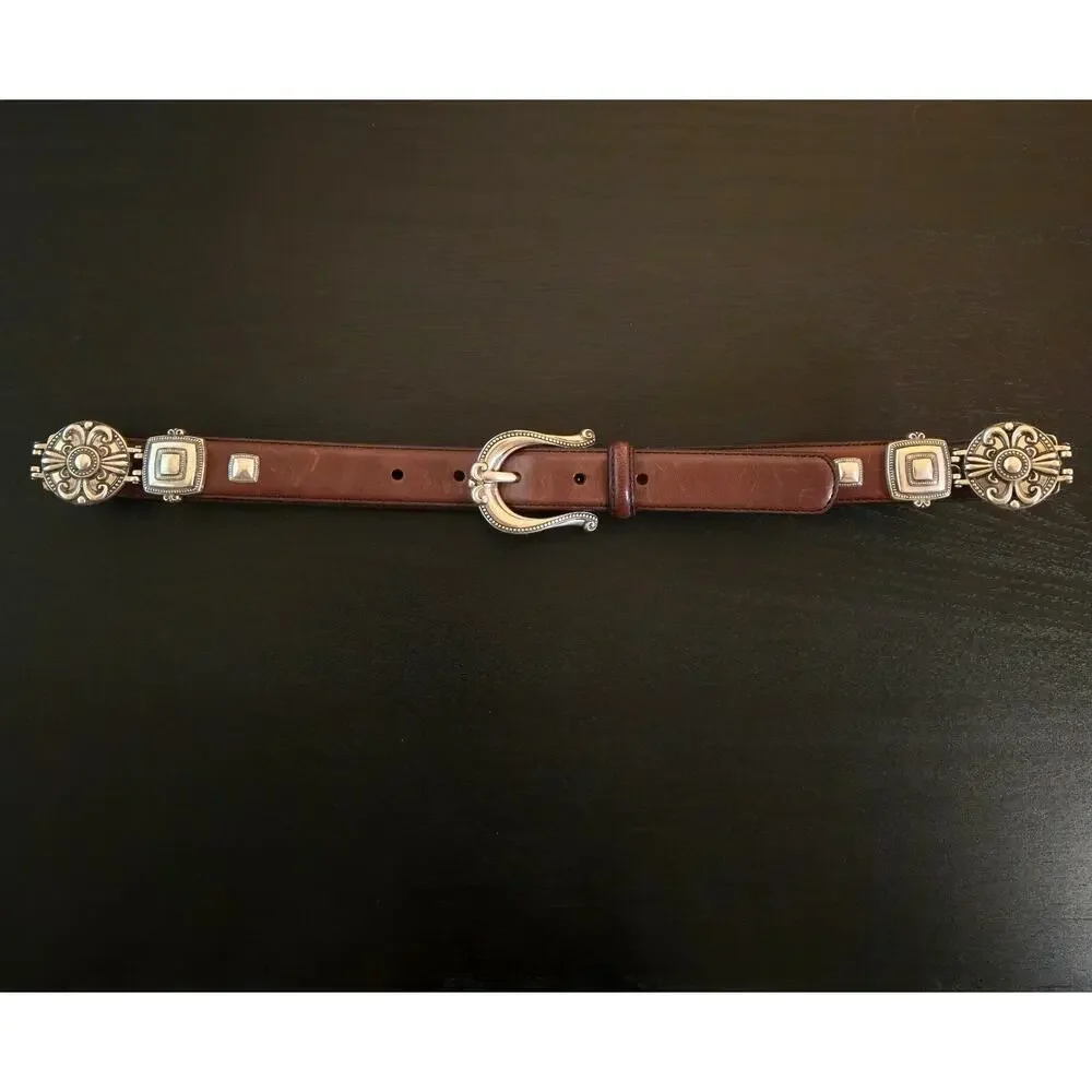 Western Brown Leather Belt Silver Tone Inset Concho Medallion Hardware M Fossil